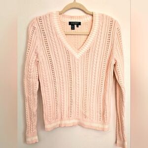 Women's Lauren Ralph Lauren V-Neck Cable Knit Sweater Petite Medium Pink Preppy